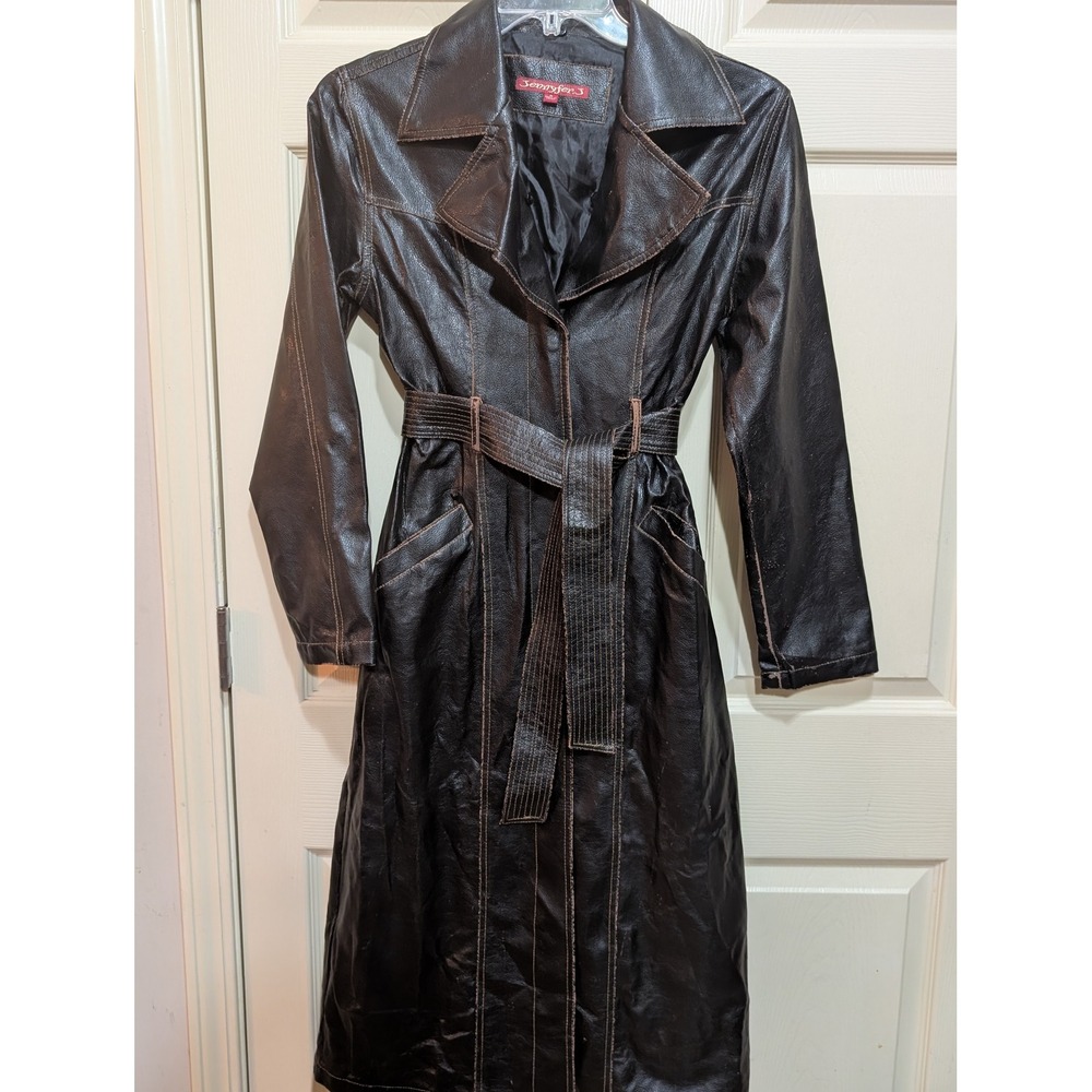 VTG Distressed Y2K Jennyfer J Brown Faux Leather Trench Coat -Soft Matrix Grunge
